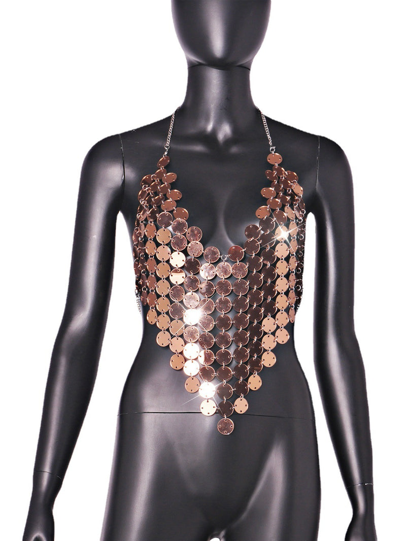 Rose Gold Round Metallic Plates! Cool Sexy Backless Crop Tank Top with Flicker Metallic Fabric , Shining Tops 8017