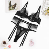 Black Shadow Organza! Sexy Mesh Lingerie Bra Panty and Garter 3-Piece Matching Set, Sexy Lingerie Underwear