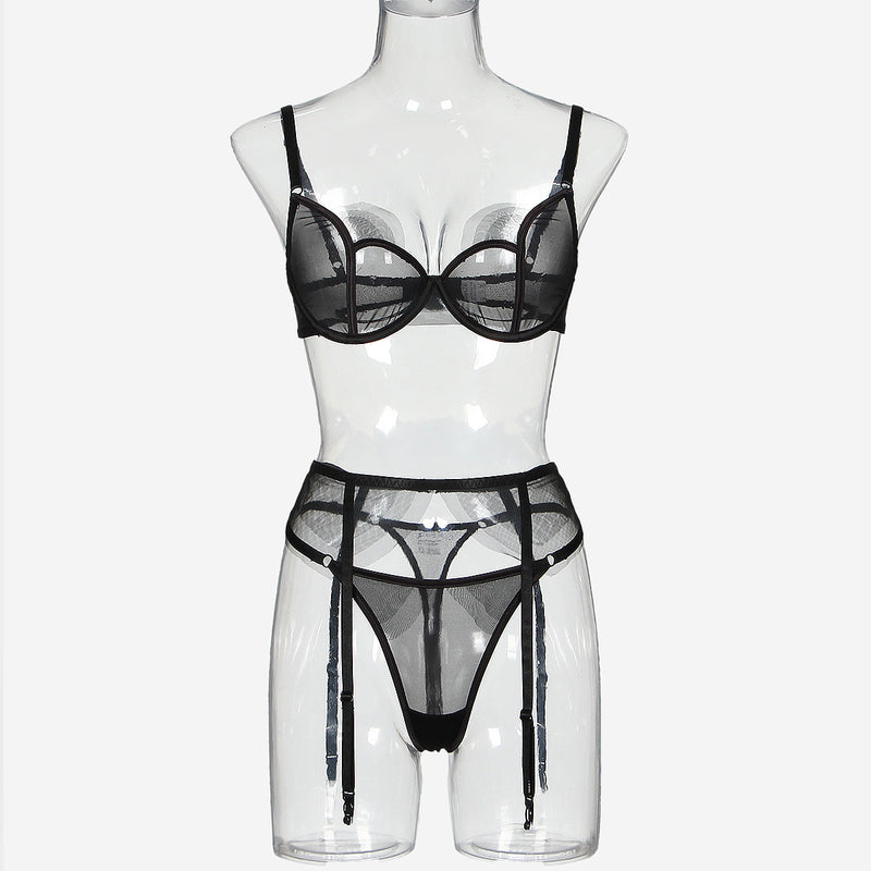 Black Shadow Organza! Sexy Mesh Lingerie Bra Panty and Garter 3-Piece Matching Set, Sexy Lingerie Underwear