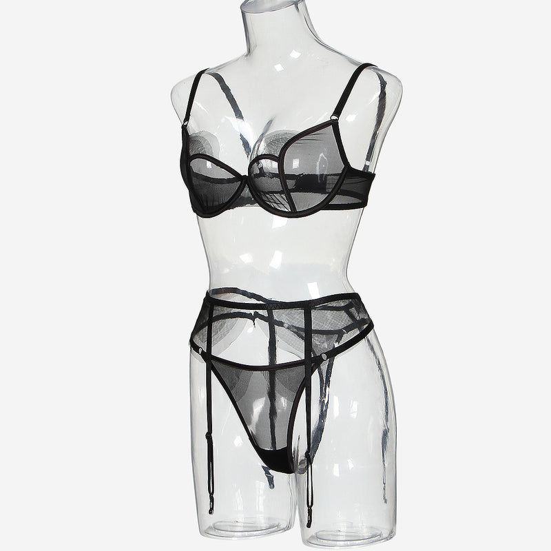 Black Shadow Organza! Sexy Mesh Lingerie Bra Panty and Garter 3-Piece Matching Set, Sexy Lingerie Underwear