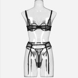 Black Shadow Organza! Sexy Mesh Lingerie Bra Panty and Garter 3-Piece Matching Set, Sexy Lingerie Underwear