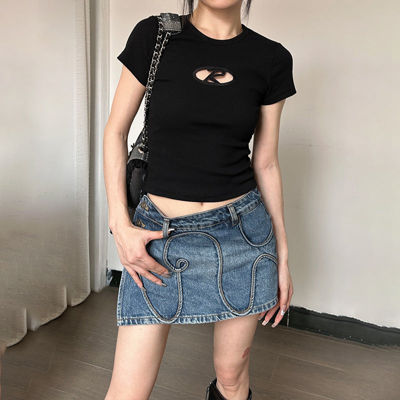 R Letter Cut Out Ribbed Crop Tee Top! Sexy Tee Top Celebrity Fashion 2305