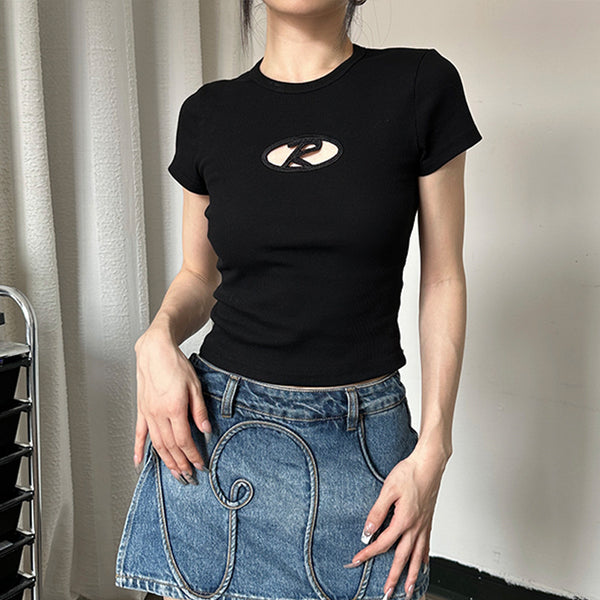 R Letter Cut Out Ribbed Crop Tee Top! Sexy Tee Top Celebrity Fashion 2305