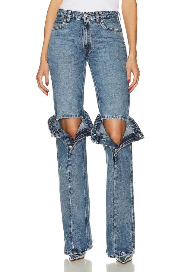 Gate Knee Jeans Pants! Low Waisted Denim Jeans Femme Bottoms Pants