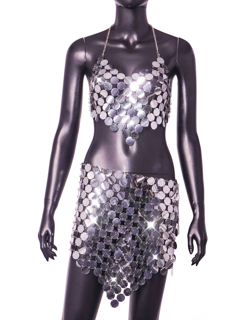 Heart Shaped Silver Bling bling Hand Crafted Round Plates Crop Slip Top and Skirt 2-piece Set ! Sexy Hot ClubWear 2308