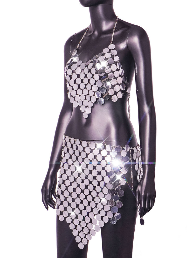 Heart Shaped Silver Bling bling Hand Crafted Round Plates Crop Slip Top and Skirt 2-piece Set ! Sexy Hot ClubWear 2308