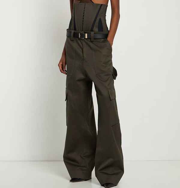 Normcore Army Green Overalls Wide-leg Pants! Hot High Waisted Pants with Corset Femme Bottoms Pants