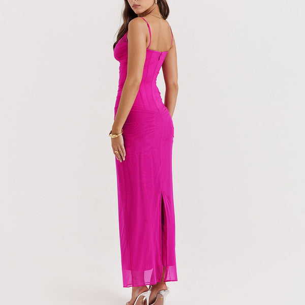 Dopamine Dressing Color! Rosy Slip Long Dress! Sexy Prink Dress 2308