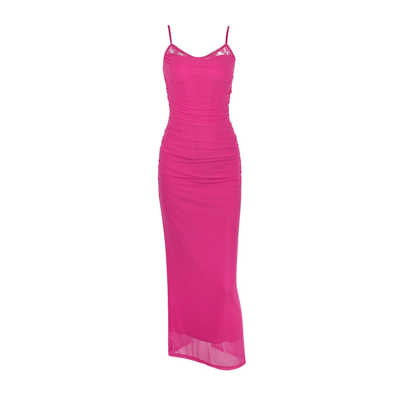 Dopamine Dressing Color! Rosy Slip Long Dress! Sexy Prink Dress 2308