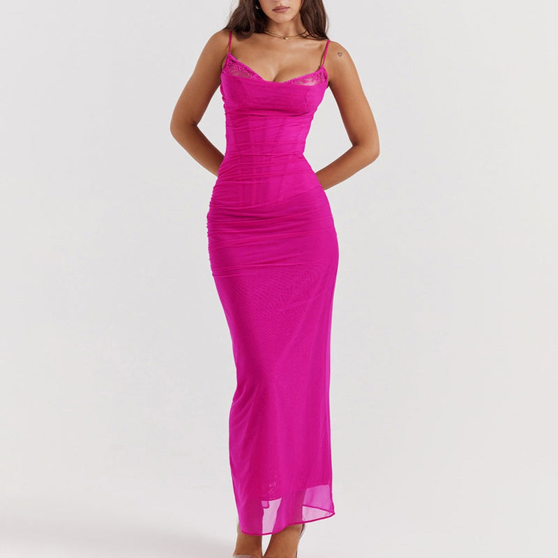 Dopamine Dressing Color! Rosy Slip Long Dress! Sexy Prink Dress 2308