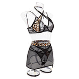 Leopard Pattern Ribbon! Sexy Lingerie Bra Panty and Garter Skirt 3-Piece Matching Set, Sexy Lingerie Underwear