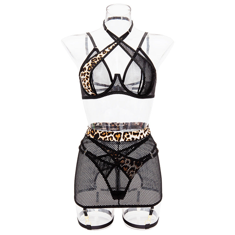 Leopard Pattern Ribbon! Sexy Lingerie Bra Panty and Garter Skirt 3-Piece Matching Set, Sexy Lingerie Underwear