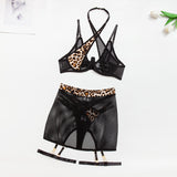 Leopard Pattern Ribbon! Sexy Lingerie Bra Panty and Garter Skirt 3-Piece Matching Set, Sexy Lingerie Underwear