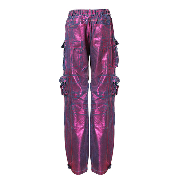 Purple Shine Glossy Bronzed Overalls Wide-leg Pants! Hot High Waisted  Denim Jeans Femme Bottoms Pants