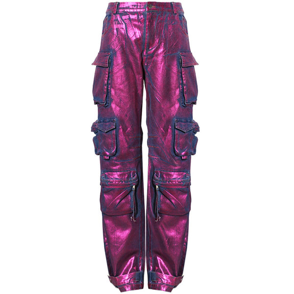 Purple Shine Glossy Bronzed Overalls Wide-leg Pants! Hot High Waisted  Denim Jeans Femme Bottoms Pants