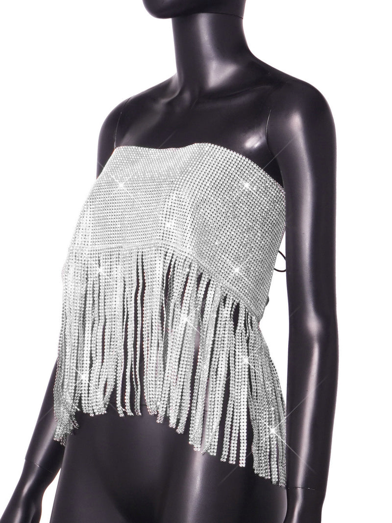 Silver Shine Tassels Fringed Strapless Top with Flicker Fabric , clubwear Night Club Shining Tops