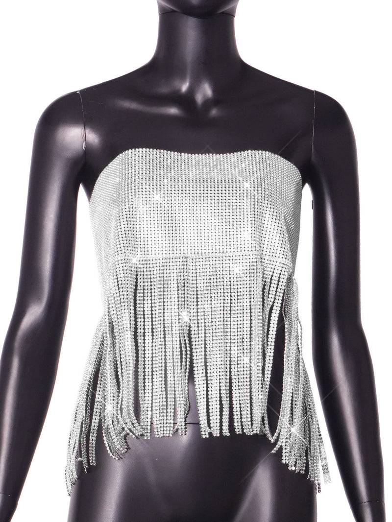 Silver Shine Tassels Fringed Strapless Top with Flicker Fabric , clubwear Night Club Shining Tops