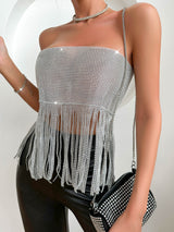 Silver Shine Tassels Fringed Strapless Top with Flicker Fabric , clubwear Night Club Shining Tops