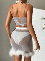 White Bling bling Fishnet Mesh See-through Crop Slip Top and Skirt 2-piece Set ! Sexy Hot ClubWear 2307