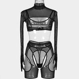 Crop Top with Gloves! Sexy Mesh Lingerie Top Bra Panty and Garter Skirt 3-Piece Matching Set, Sexy Lingerie Underwear