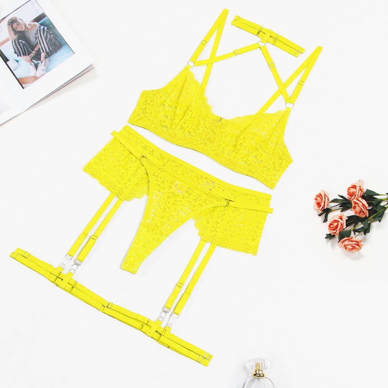 Lemon Yellow Floral! Sexy Lingerie Bra Panty and Garter 3-Piece Matching Set, Sexy Lingerie Underwear