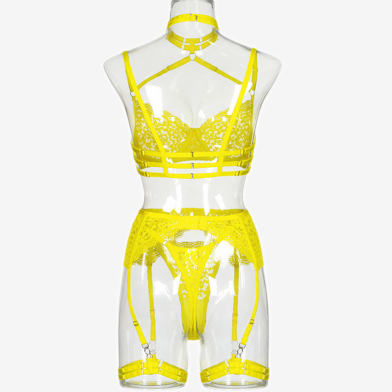 Lemon Yellow Floral! Sexy Lingerie Bra Panty and Garter 3-Piece Matching Set, Sexy Lingerie Underwear