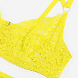 Lemon Yellow Floral! Sexy Lingerie Bra Panty and Garter 3-Piece Matching Set, Sexy Lingerie Underwear