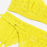 Lemon Yellow Floral! Sexy Lingerie Bra Panty and Garter 3-Piece Matching Set, Sexy Lingerie Underwear