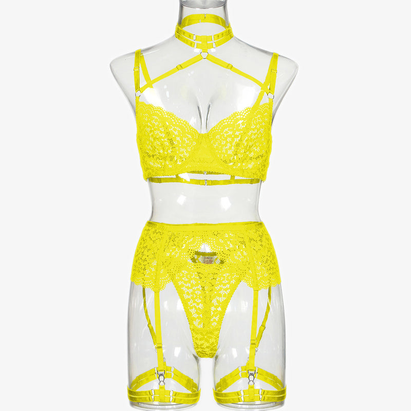 Lemon Yellow Floral! Sexy Lingerie Bra Panty and Garter 3-Piece Matching Set, Sexy Lingerie Underwear