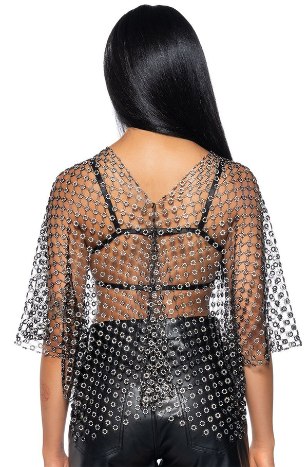 Black Sexy Fishnet See-through Mesh Shirt Top with Rhinestones , Bikini Cover Up ClubWear