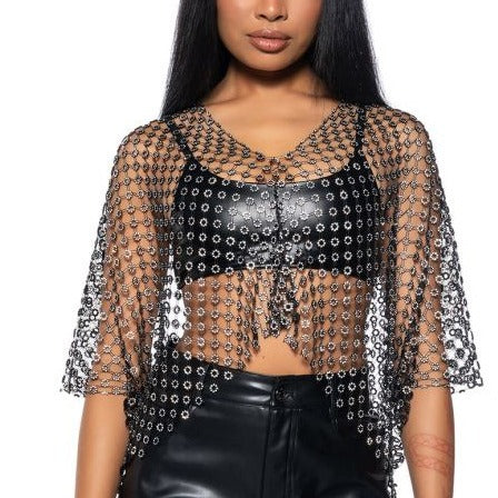 Black Sexy Fishnet See-through Mesh Shirt Top with Rhinestones , Bikini Cover Up ClubWear