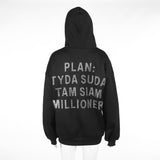 Black Hoodie "Plan Tyda Suda Tam Slam Millioner ..." Loose Fitting Long Sleeve Hooded Sweatshirt Top !