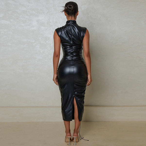 Wrinkled Sleeveless Slim Fitting Vegan Patent PU Leather Long Dress! Sexy Night Club Dress fashion 2305