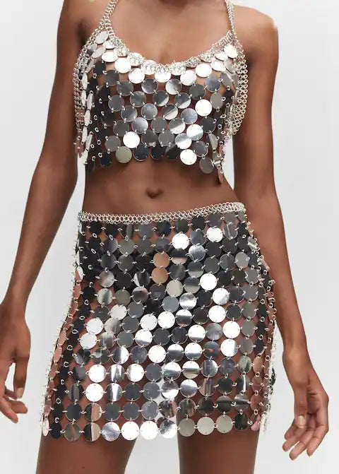 With Chains Silver Bling bling Hand Crafted Round Plates Crop Slip Top and Skirt 2-piece Set ! Sexy Hot ClubWear 2308