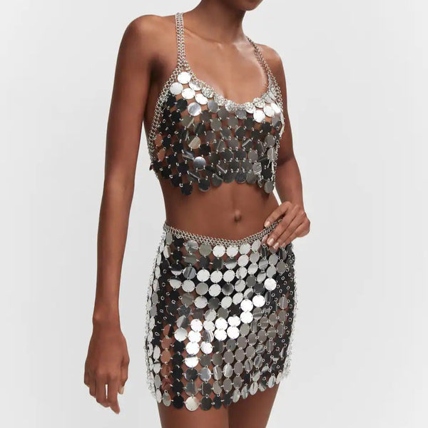 With Chains Silver Bling bling Hand Crafted Round Plates Crop Slip Top and Skirt 2-piece Set ! Sexy Hot ClubWear 2308