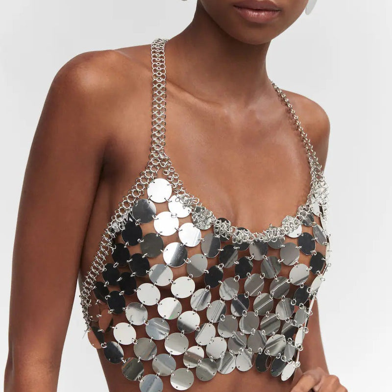 With Chains Silver Bling bling Hand Crafted Round Plates Crop Slip Top and Skirt 2-piece Set ! Sexy Hot ClubWear 2308