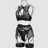 Black Fishnet! Sexy Mesh Lingerie Bra Panty and Garter 3-Piece Matching Set, Sexy Lingerie Underwear