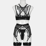 Black Fishnet! Sexy Mesh Lingerie Bra Panty and Garter 3-Piece Matching Set, Sexy Lingerie Underwear