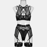 Black Fishnet! Sexy Mesh Lingerie Bra Panty and Garter 3-Piece Matching Set, Sexy Lingerie Underwear