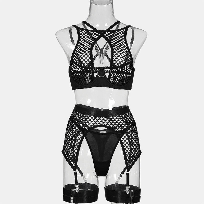 Black Fishnet! Sexy Mesh Lingerie Bra Panty and Garter 3-Piece Matching Set, Sexy Lingerie Underwear