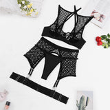 Black Fishnet! Sexy Mesh Lingerie Bra Panty and Garter 3-Piece Matching Set, Sexy Lingerie Underwear