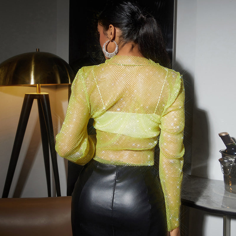 Apple Green Long Sleeve See-through Mesh Crop Top with Shining Rhinestones , Bikini Cover Up Tops