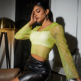 Apple Green Long Sleeve See-through Mesh Crop Top with Shining Rhinestones , Bikini Cover Up Tops