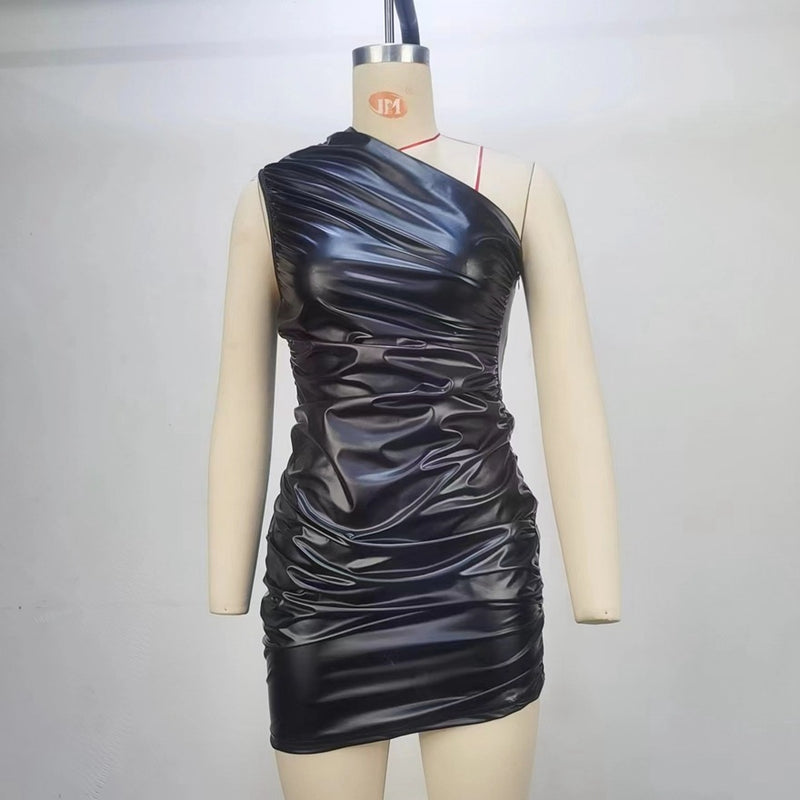 One Shoulder Asymmtric Wrinkled Vegan PU Leather Bodycon Dress! Sexy Night Club Dress fashion 2305