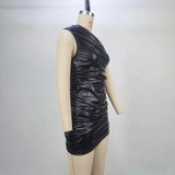 One Shoulder Asymmtric Wrinkled Vegan PU Leather Bodycon Dress! Sexy Night Club Dress fashion 2305