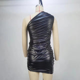 One Shoulder Asymmtric Wrinkled Vegan PU Leather Bodycon Dress! Sexy Night Club Dress fashion 2305