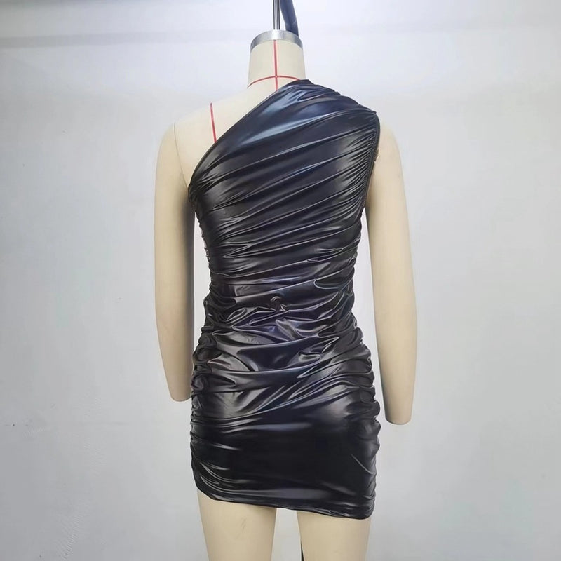 One Shoulder Asymmtric Wrinkled Vegan PU Leather Bodycon Dress! Sexy Night Club Dress fashion 2305