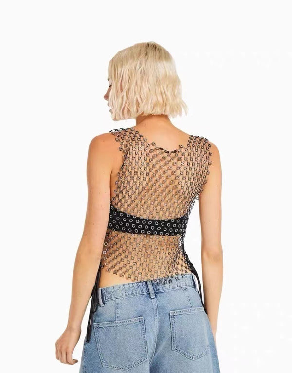 Black Fishnet Mesh Sleeveless Top with Shining Rhinestones , Bikini Cover Up Tops, Club Wear