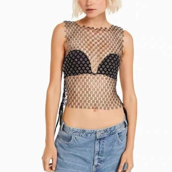 Black Fishnet Mesh Sleeveless Top with Shining Rhinestones , Bikini Cover Up Tops, Club Wear