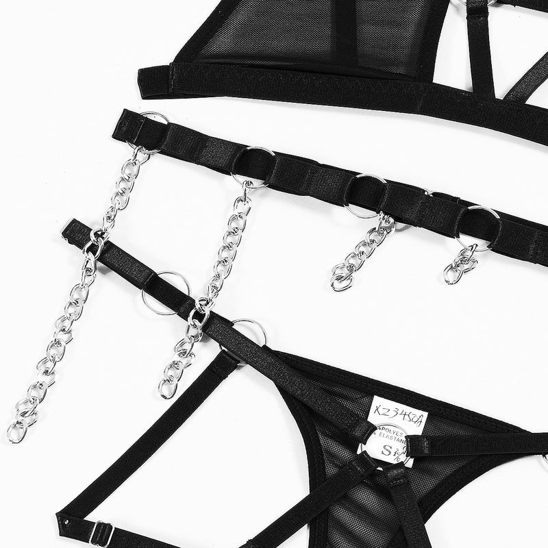 Silver Chains Tassels! Sexy Lingerie Bra Panty and Garter 3-Piece Matching Set, Sexy Lingerie Underwear